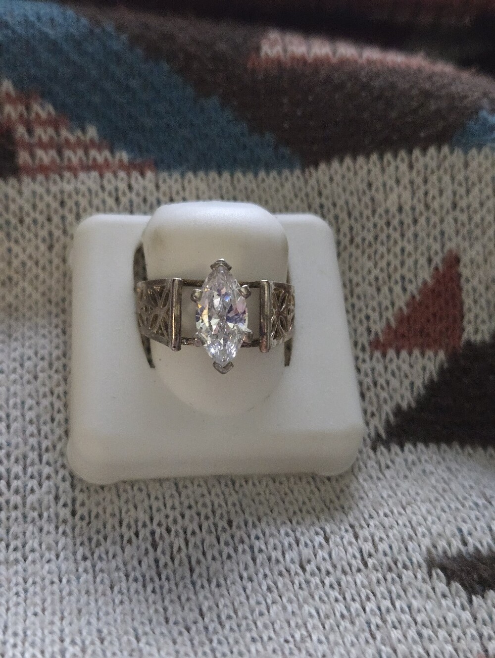 Sterling Silver Engagement Ring With Marquise And Scroll Design